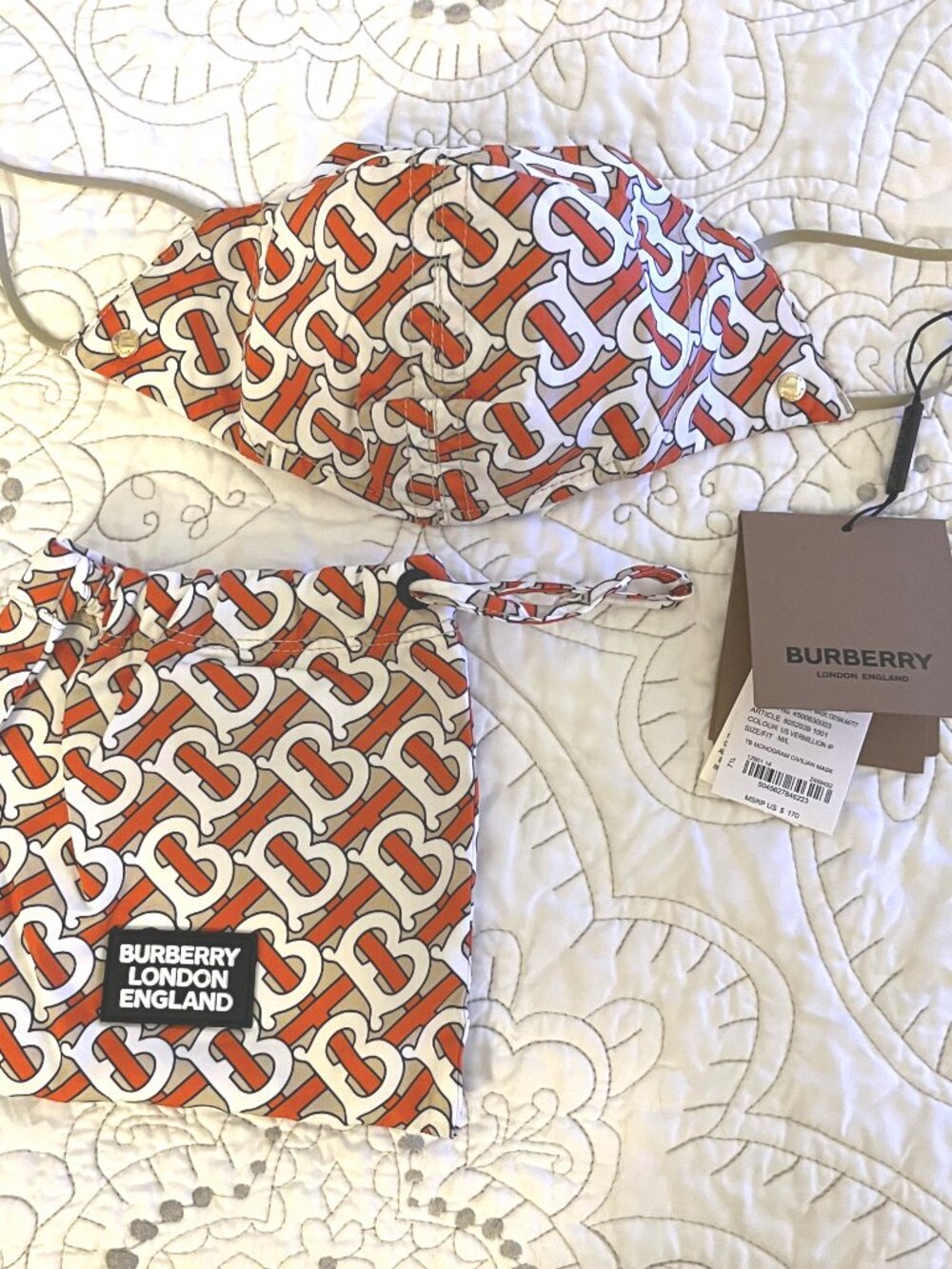 Burberry Red & Tan Monogram Nylon Face Mask With Matching Drawstring Pouch. NWT